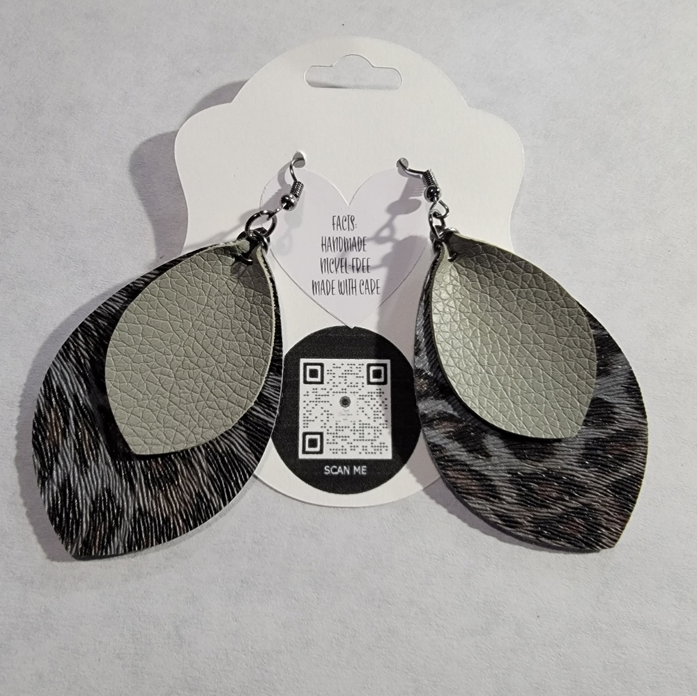 Black/Gray Leopard, Grey, 2-Layered Faux Leather Earrings 2.5"